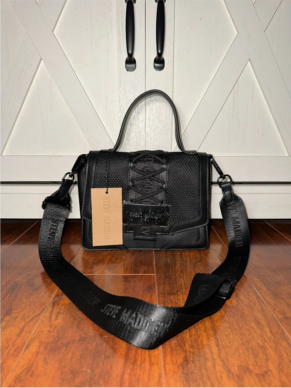 Steve Madden BDALI Black Textured Lace-Front Crossbody Satchel